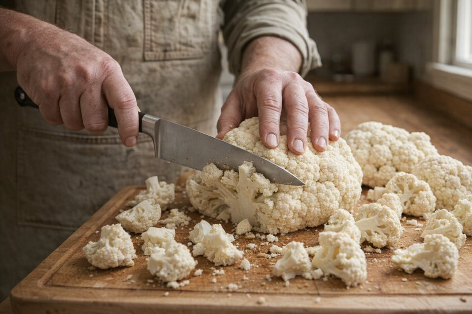 A medium shot of hands using a chef's knife to cut a whole cauliflower head into uniform florets on a wooden cutting board.